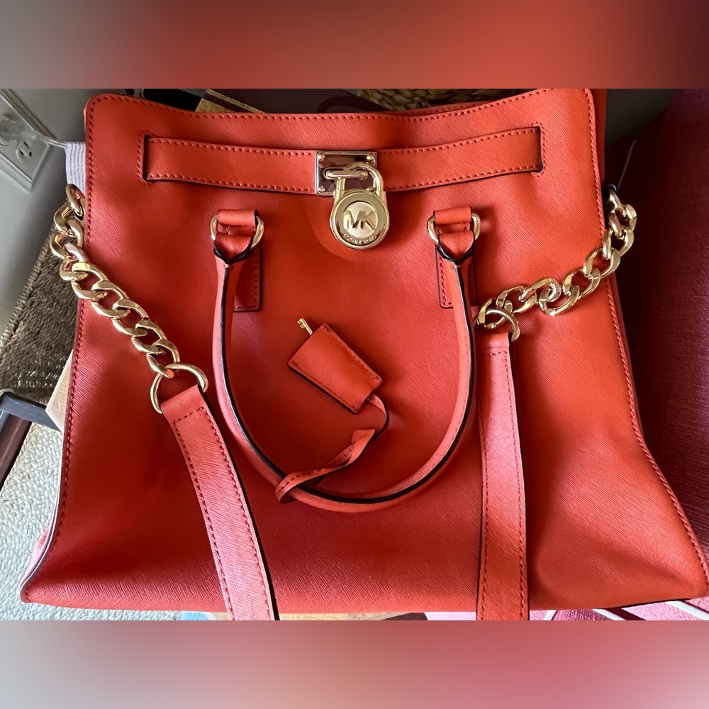 Michael Kors Red Leather Shoulder Bag with Gold Accents